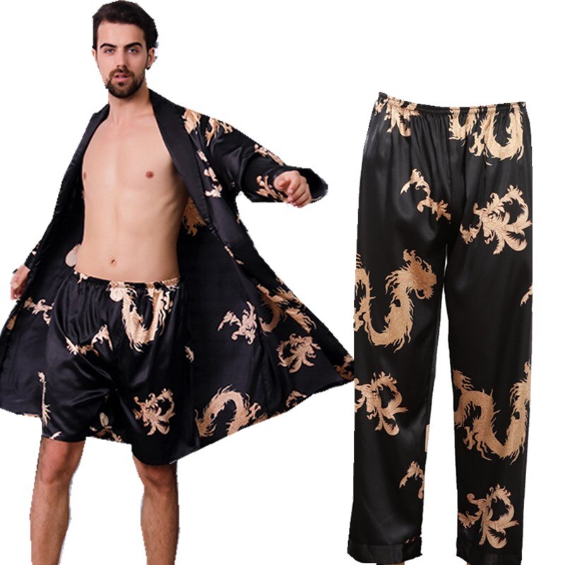 sanyamk 3 PCS Robe Pants Pajama Set 4XL 3XL Men Bathrobe Shorts Suit Silk Sleepwear for Men Kimono Home Soft Cozy Long-sleeved Bath Gown