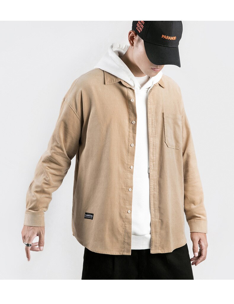 sanyamk Japanese System Male Vintage Flannel Shirt Autumn New Men's Solid Color Loose Long Sleeve Shirt oversized Man Shirt Koszula