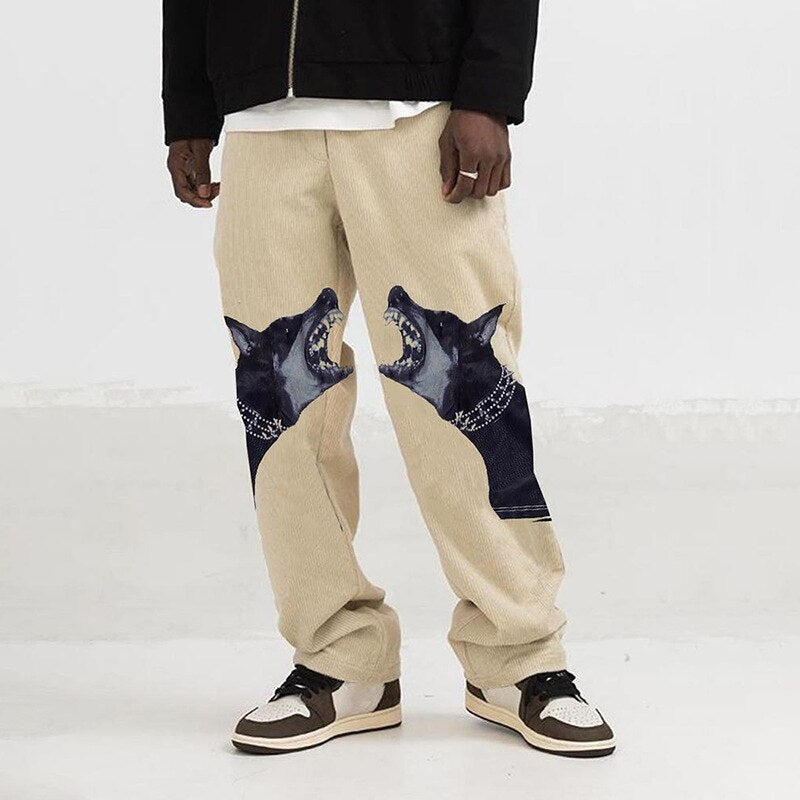 Bonsir Dog Print Man Loose Straight Oversize Pants Male Streetwear Hip Hop Long Trousers Fashion Elastic Waist New Arrived Pants