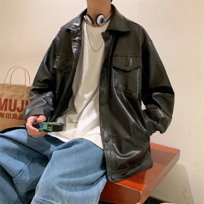 sanyamk Black Faux Leather Jacket Men Autumn Mens Hip Hop Jacket PU Leather Male Oversize Streetwear Korean Trend Jackets Coats