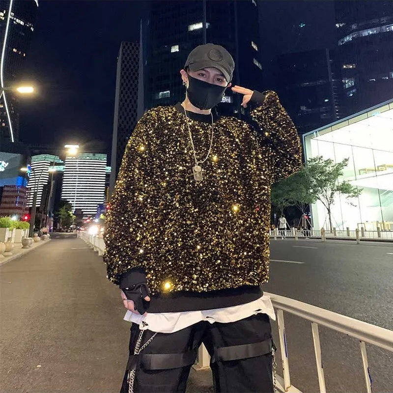sanyamk - Twinkling Colors Sequins Men's Hoodies Sweatshirts Reflective Hip-Hop Pullovers Singer Stage Streetwear Christmas Party Tops