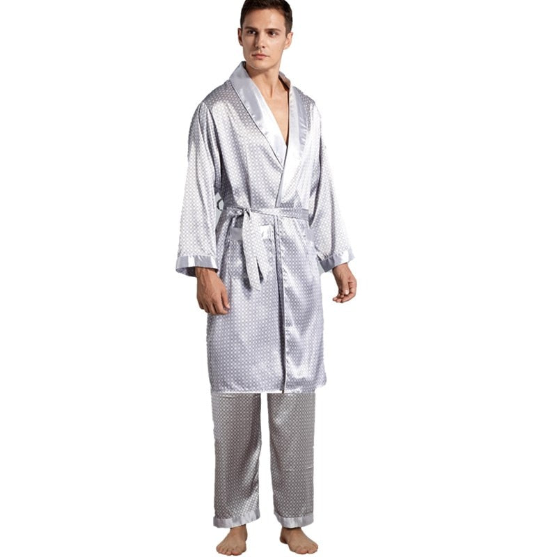 sanyamk 3 PCS Robe Pants Pajama Set 4XL 3XL Men Bathrobe Shorts Suit Silk Sleepwear for Men Kimono Home Soft Cozy Long-sleeved Bath Gown