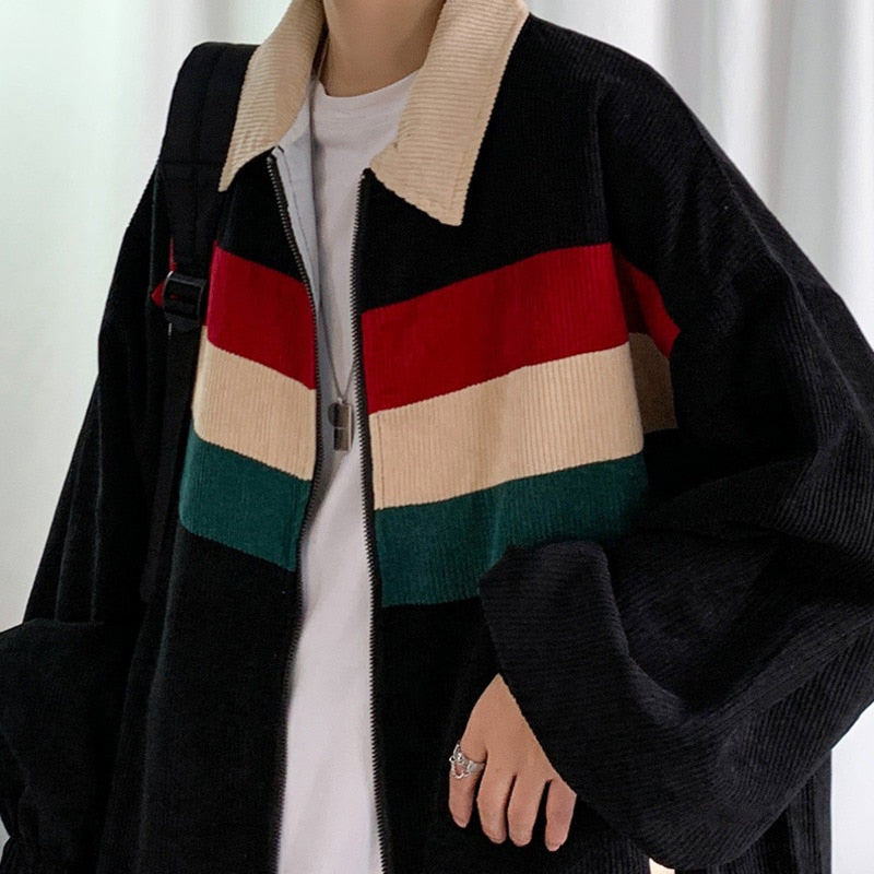 Bonsir Corduroy Jacket Men's Fashion Contrast Color Casual Jackets Mens Streetwear Wild Loose Hip Hop Bomber Jacket Men M-2XL