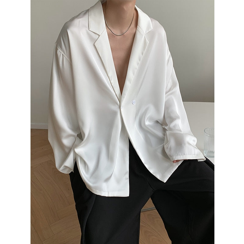 sanyamk Autumn Black White Silk Blazer Men's Fashion Business Society Mens Suit Jacket Korean Loose Casual Dress Jacket Men M-XL