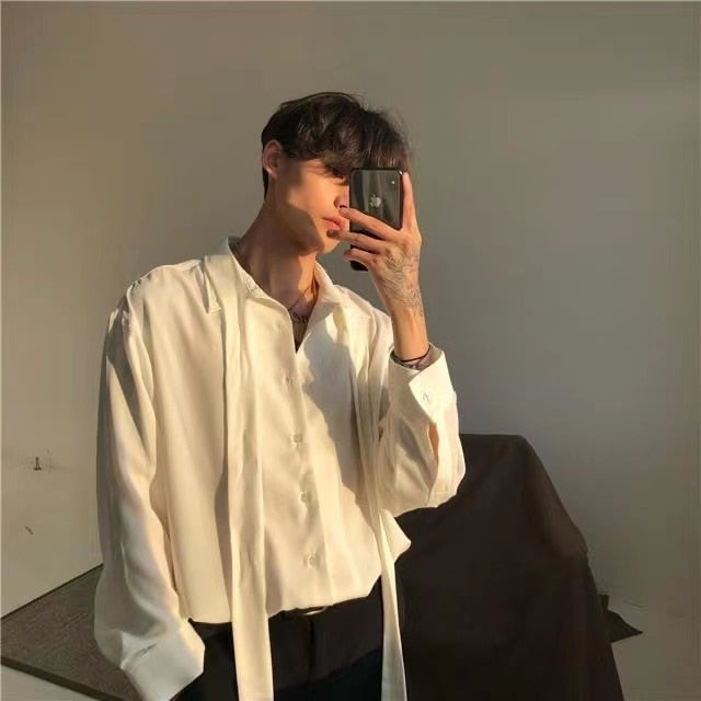 sanyamk Four Seasons Korean Men's Loose Retro Chiffon Fabric Bow Tie Shirt Men's Long Sleeve Nice Clothes Shirts White/black Color Coats
