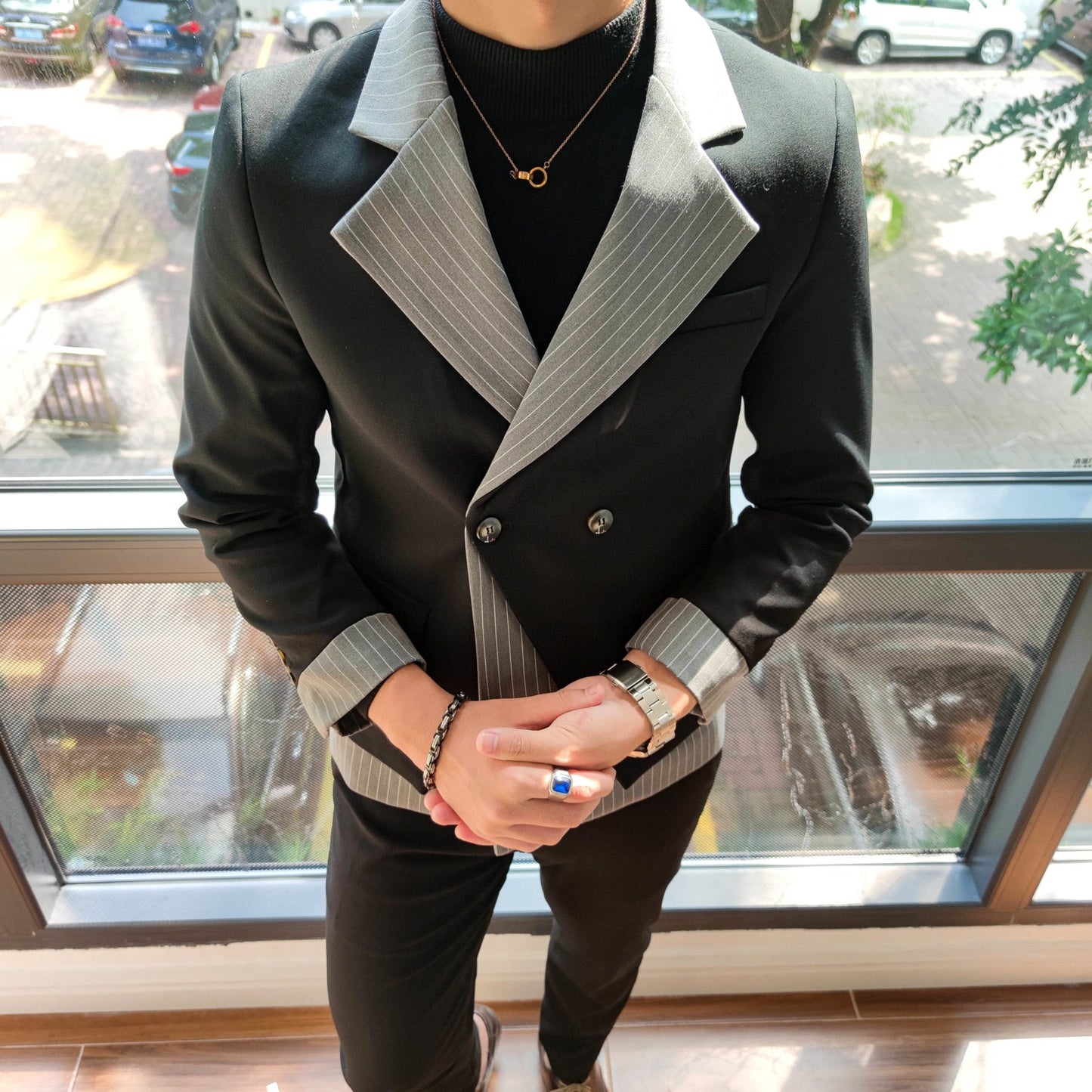 sanyamk Korean Patchwork Suit 2 Piece Suit Blazer Men Suit Set Slim Fit Tuxedo Suit Blazer Suit Men Stylish Blazer Stage Party Club