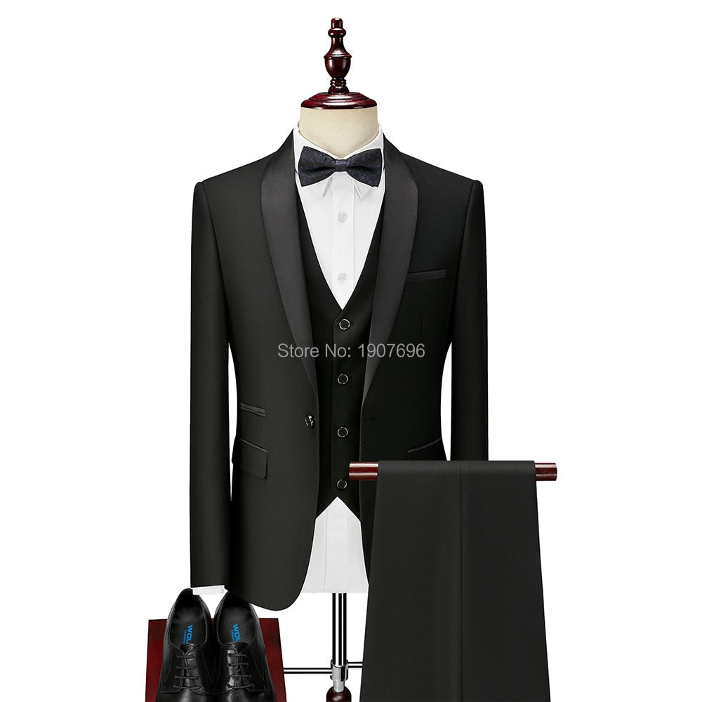 sanyamk 3 Piece Boyfriend Men Suits for Slim Fit Wedding Tuxedos Black Formal Groom Jacket Pants Vest Ready in Stock