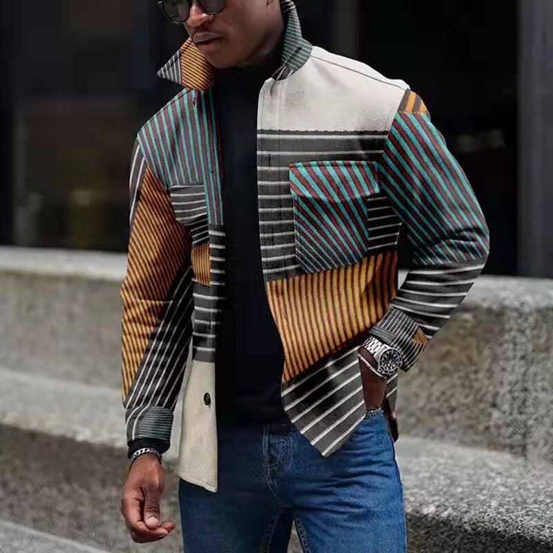 sanyamk New Casual Oversized Loose Coat Men Jacket Autumn Stripe Splicing Jacket Buttons Pocket Long Sleeve Cardigan Male Outerwear