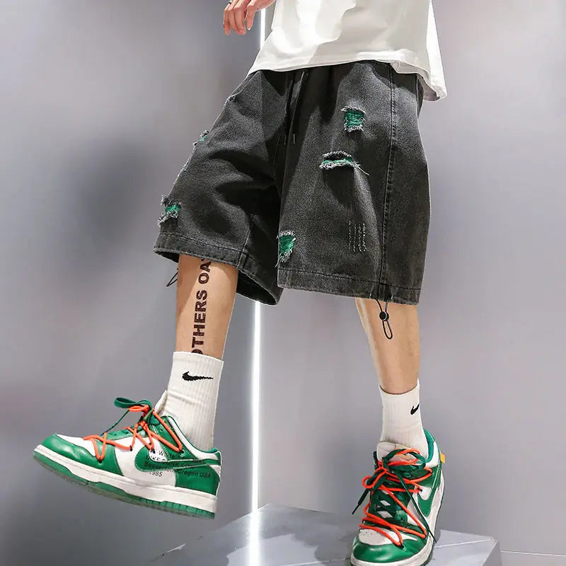 sanyamk Black Baggy Short Jeans Men Denim Shorts Blue Ripped Jeans for Men Summer Japanese Hip Hop Jeans Streetwear Harajuku