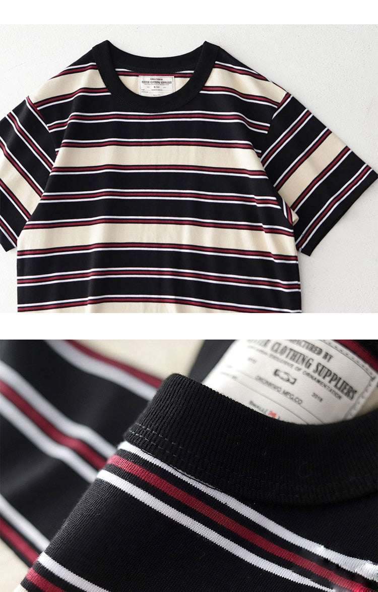 Bonsir Summer Stripe T-Shirt Men And Women Classic Streetwear Fashion Ins Trend Vintage O-Neck Cotton Youth Couple Short-Sleeved Tops