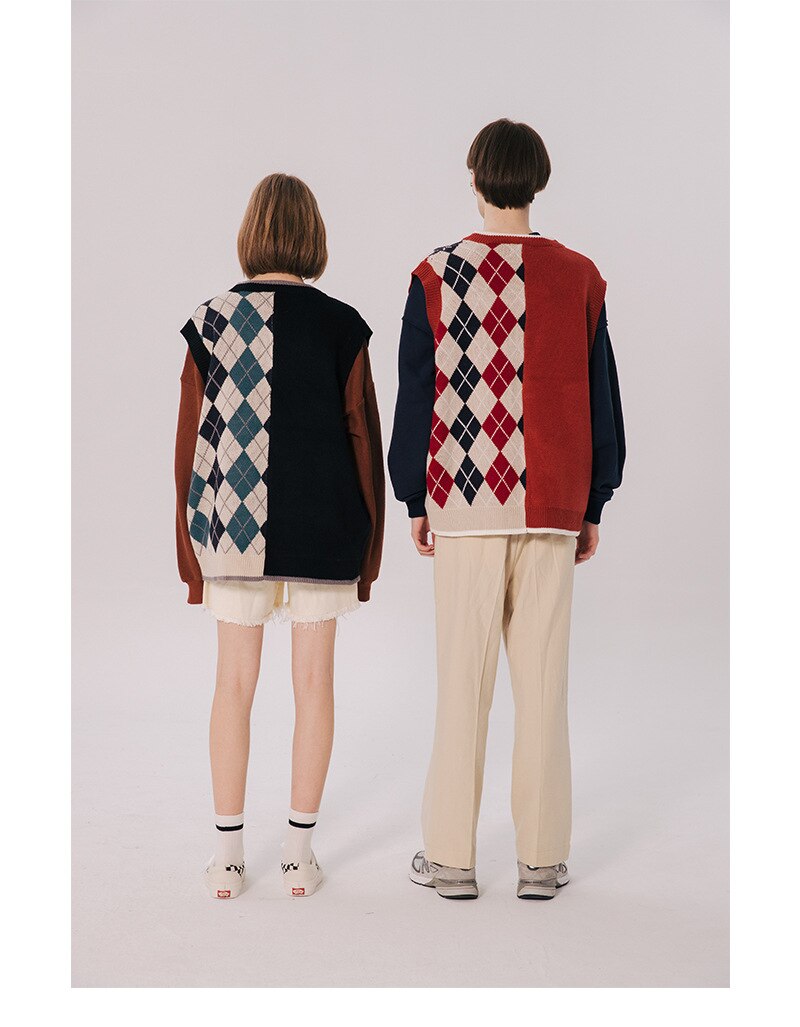 Bonsir Japanese Loose Couple Patchwork Argyle Sweater Vest Men's New Autumn Fashion Harajuku Letter Embroidery Man Pullover Vest
