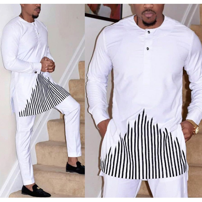 H&D African Dashiki Clothes For Men No Cap Shirt Pants Set Embroidery Tops Trouser Suit Men's Traditional African Clothing