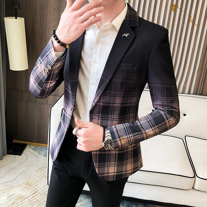 sanyamk Spring Men's Plaid Blazer Fashion Business Casual Men's Slim Suit Jacket Large Size Casual Banquet Wedding Party Club Dress