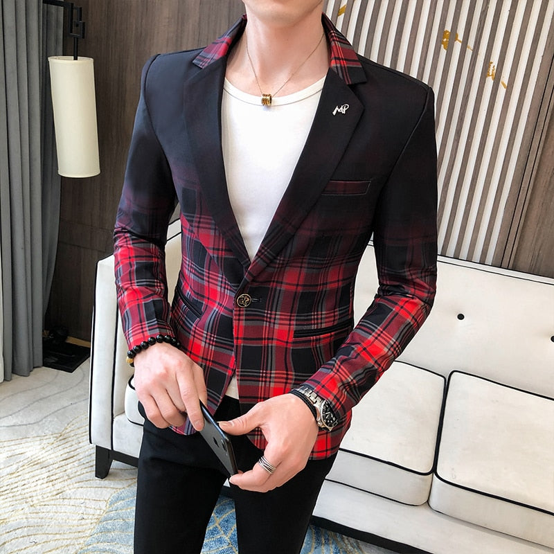 sanyamk Spring Men's Plaid Blazer Fashion Business Casual Men's Slim Suit Jacket Large Size Casual Banquet Wedding Party Club Dress