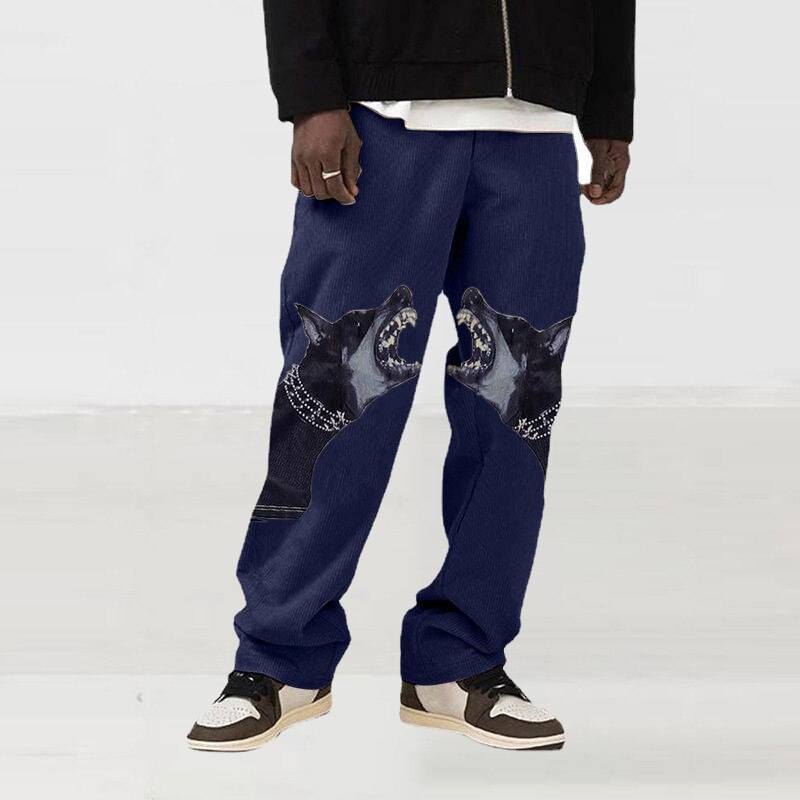 Bonsir Dog Print Man Loose Straight Oversize Pants Male Streetwear Hip Hop Long Trousers Fashion Elastic Waist New Arrived Pants