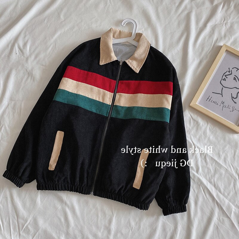 Bonsir Corduroy Jacket Men's Fashion Contrast Color Casual Jackets Mens Streetwear Wild Loose Hip Hop Bomber Jacket Men M-2XL
