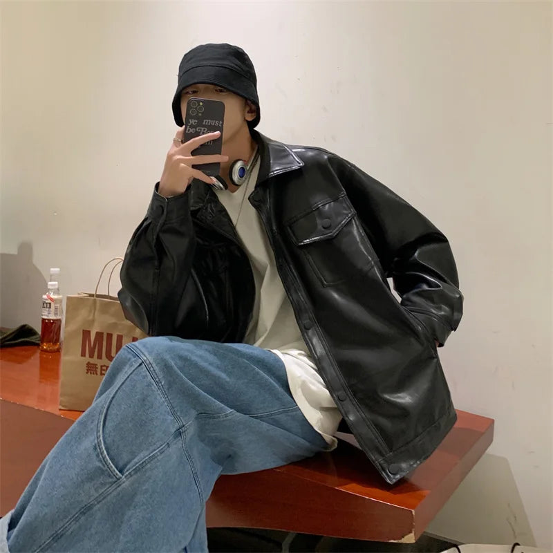 sanyamk Black Faux Leather Jacket Men Autumn Mens Hip Hop Jacket PU Leather Male Oversize Streetwear Korean Trend Jackets Coats