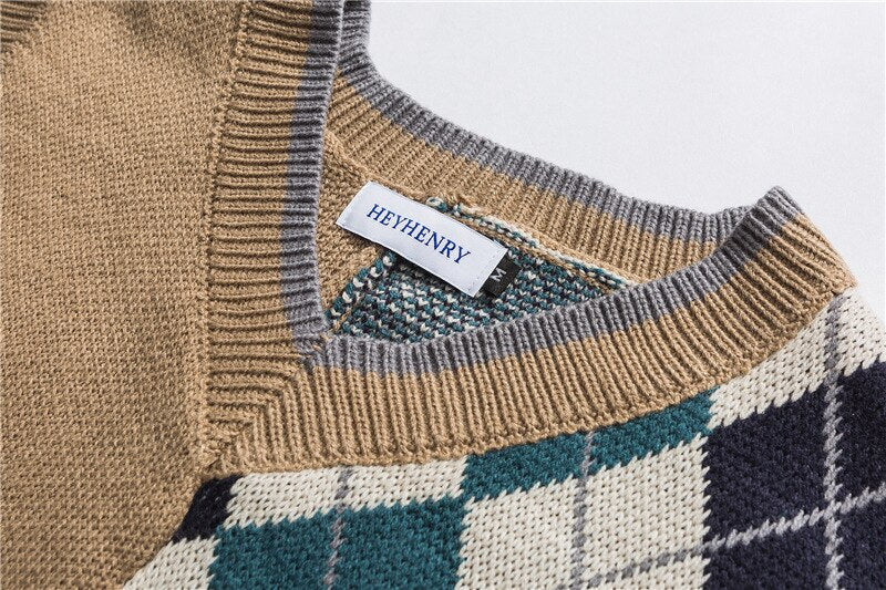 Bonsir Japanese Loose Couple Patchwork Argyle Sweater Vest Men's New Autumn Fashion Harajuku Letter Embroidery Man Pullover Vest