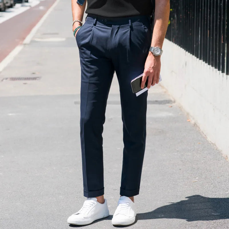sanyamk - Men's casual pants 2021 spring and summer new Euro American Street Photo same single pleated hem pants slim