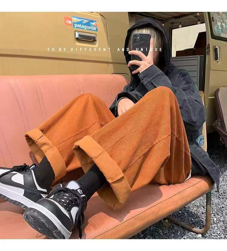 sanyamk Men's Retro Corduroy Fabric Casual Pants Loose Fashion Trend Wide Leg Pants Solid Color High-quality Trousers Size M-3XL