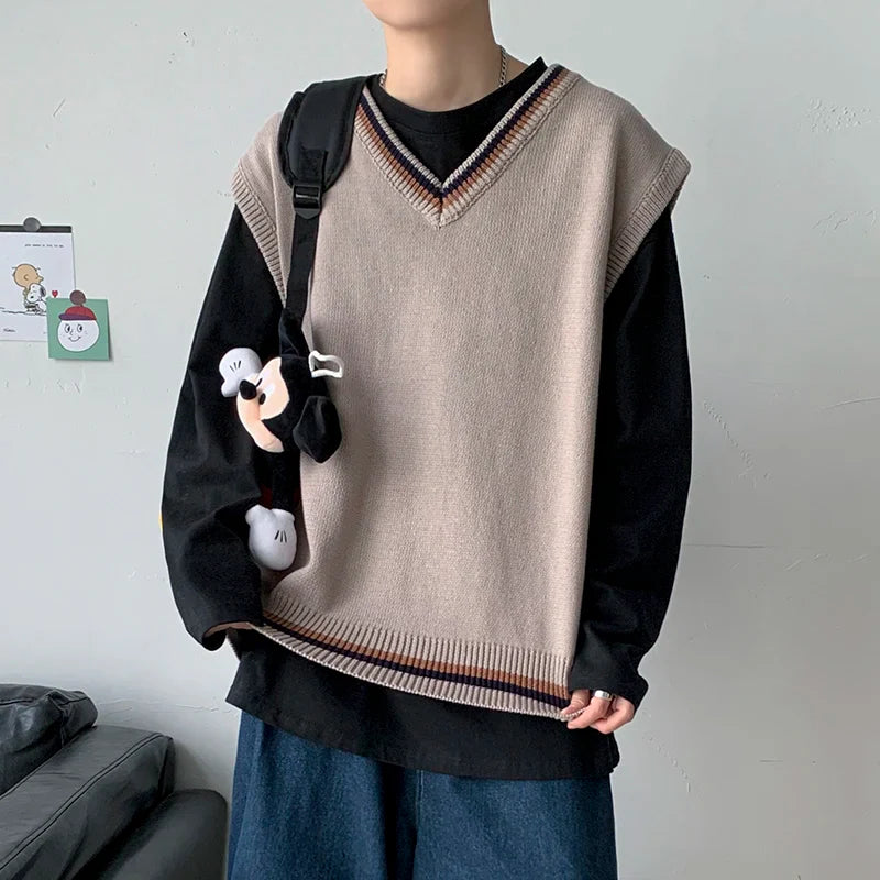 Bonsir - men's autumn and winter Hong Kong style knitted cardigan V-neck sweater vest vest couple JKDK college style uniform