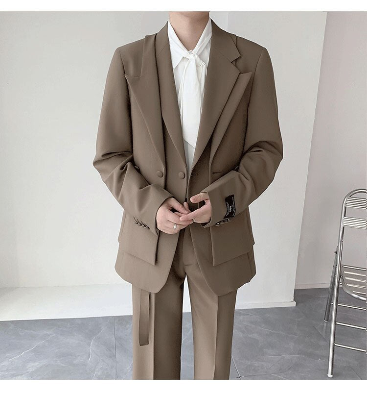 sanyamk Double Collar Design Suits Sets Men Fashion Show Korean Office Business Casual Suits Blazer Jacket Pant Streetwear Suits Man