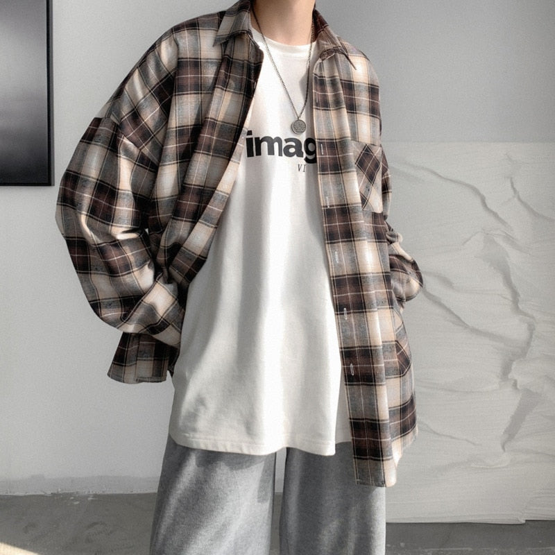 Bonsir Spring And Autumn Plaid Shirt Men's Fashion Retro Casual Shirt Men Streetwear Korean Loose Long-sleeved Shirts Mens M-XL