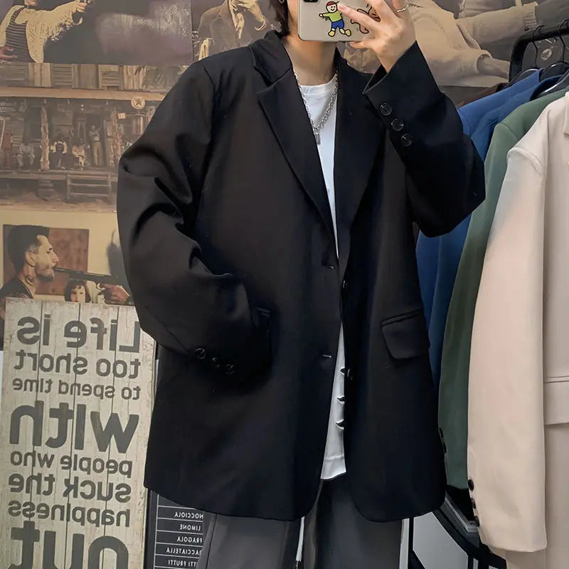 BONSIR - Korean Style Blazer Men Fashion Solid Color Business Casual Suit Jacket Men Streetwear Loose Dress Jackets Mens Formal Blazer