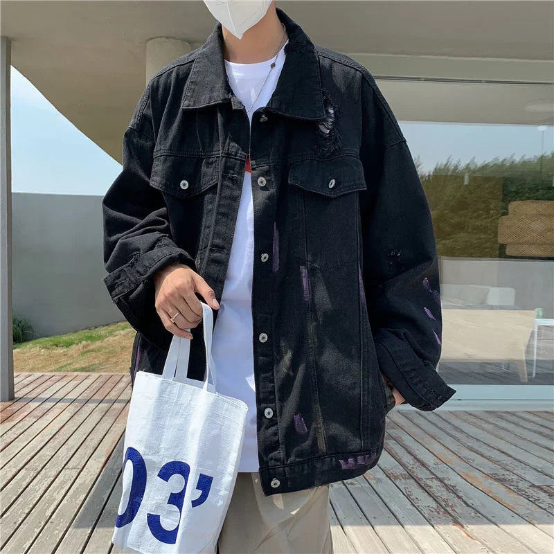 sanyamk Pierced denim jacket men's Korean version chaopai high street splash couple's coat spring and autumn loose fashion versatile top