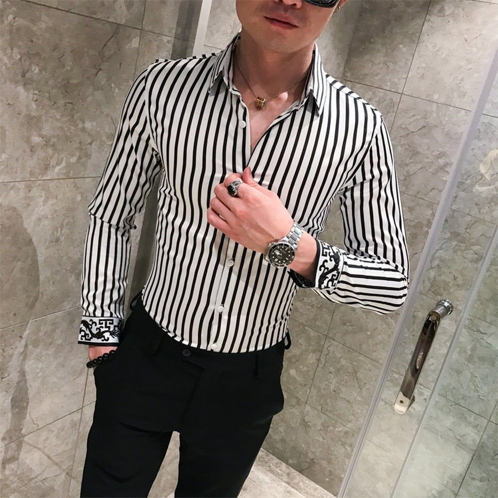 Bonsir Autumn Long Sleeve Stripe Shirt Men Casual Slim Fit Dress Shirts Streetwear Social Night Club Work Shirt Chemise Homme