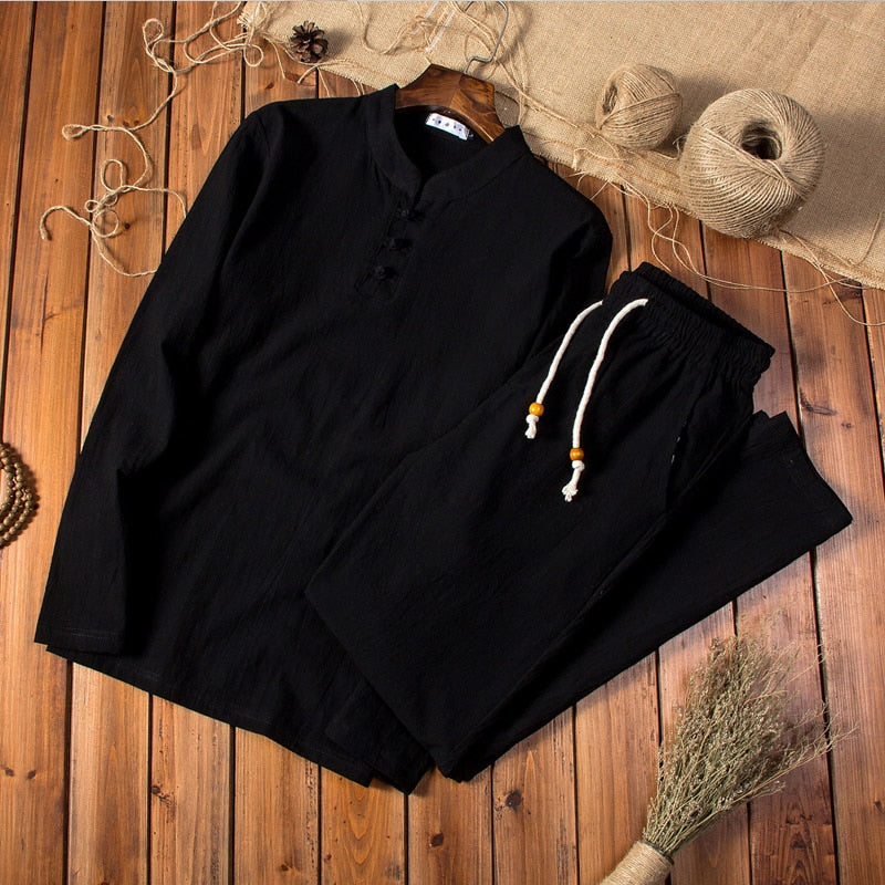 sanyamk Harajuku Men Casual Set Fashion 2 PCS Sweat Suit Black Khaki Long Sleeve T-Shirt and Pants Korean Fashion Male Tracksuit Sets