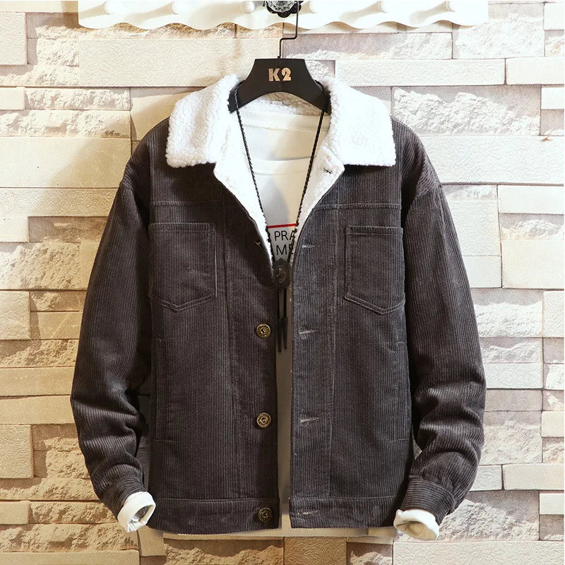 sanyamk - Autumn Winter Men's Lapel Jacket Solid Single Breasted Plus Velvet Thick Warm Wind-proof Casual Fashion Male Quality Cardigan