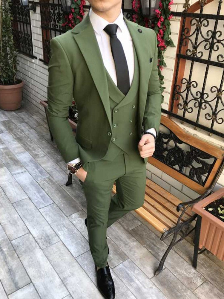 sanyamk Custom Made Men Suits Olive Green Groom Tuxedos Notch Lapel Groomsmen Wedding Best Man 3 Pieces ( Jacket+Pants+Vest+Tie ) C894