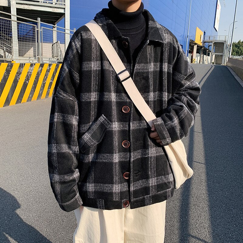 Bonsir Winter Woolen Coat Men Warm Overcoat Fashion Retro Hit Color Tartan Woolen Jacket Men Streetwear Loose Short Woolen Jacket Man