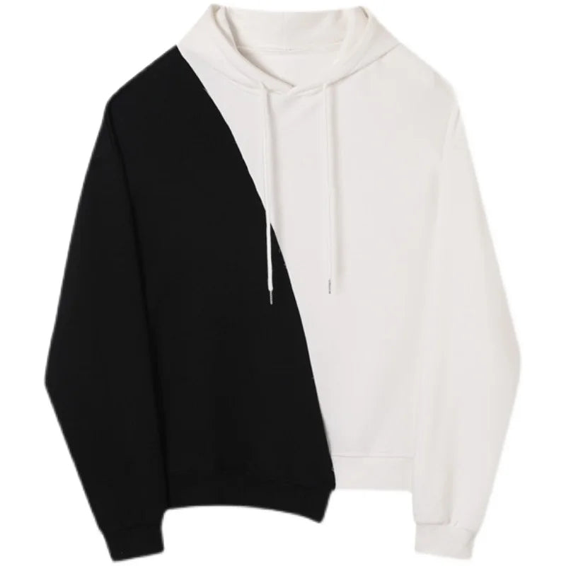sanyamk Autumn men's black and white contrast color Pullover Hooded Sweater Korean youth high street hip hop loose casual coat trend