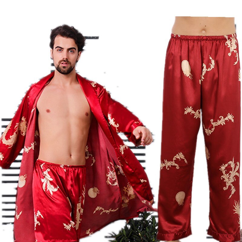 sanyamk 3 PCS Robe Pants Pajama Set 4XL 3XL Men Bathrobe Shorts Suit Silk Sleepwear for Men Kimono Home Soft Cozy Long-sleeved Bath Gown