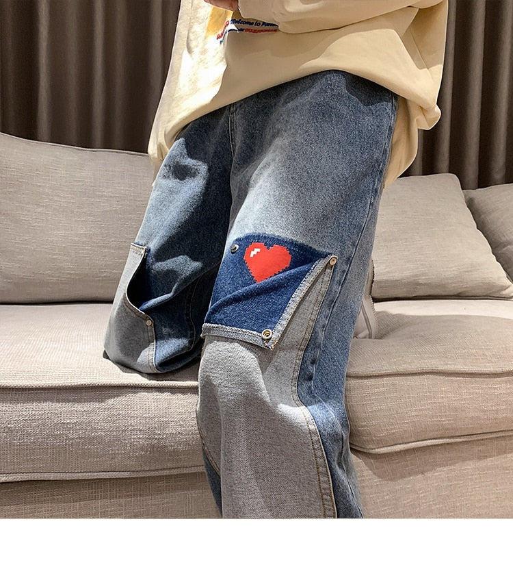 sanyamk Men Jeans Hip Hop Patchwork Oversized Straight Jean Pants Mens Red Heart Print jeans Top Quality Streetwear Denim Pants