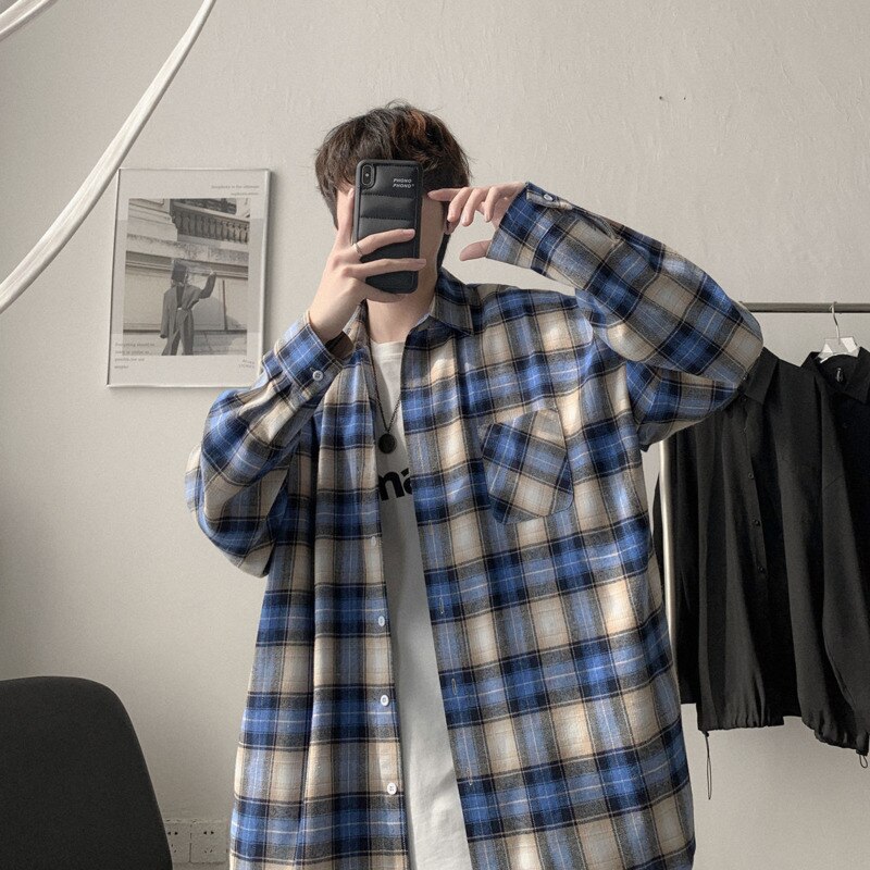 Bonsir Spring And Autumn Plaid Shirt Men's Fashion Retro Casual Shirt Men Streetwear Korean Loose Long-sleeved Shirts Mens M-XL