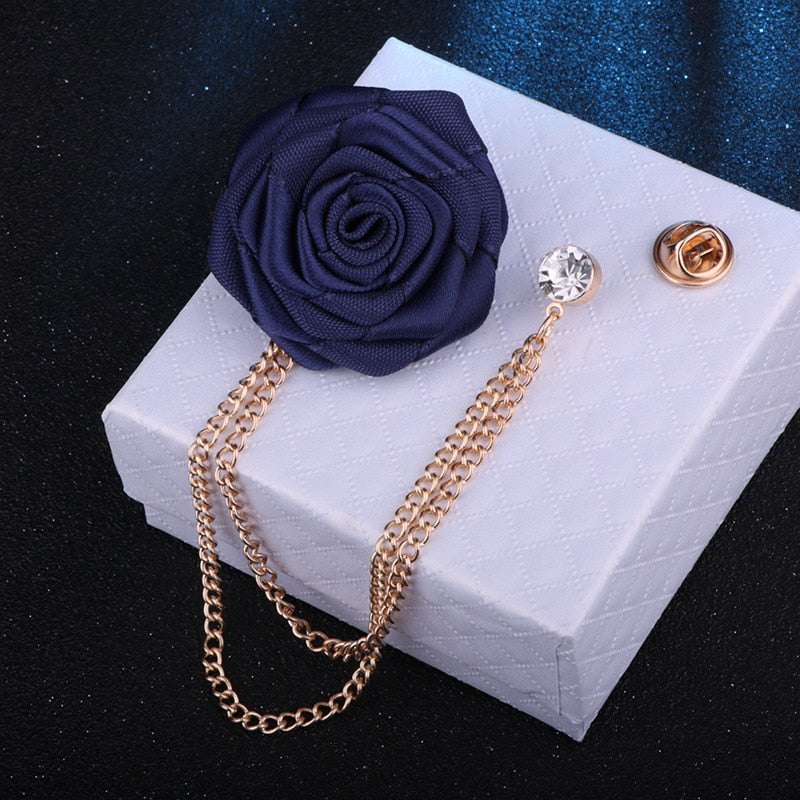 Korean Bridegroom Wedding Brooches Cloth Art Hand-made Rose Flower Brooch Lapel Pin Badge Tassel Chain Men's Suit Accessories