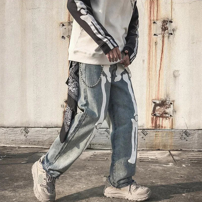 sanyamk Men Jeans Skeleton Oversized Straight jeans Black Pants Denim Mens Streetwear Hip Hop Harem Pants High Wasit Denim Pants
