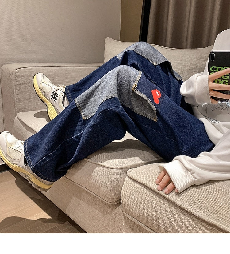 sanyamk Men Jeans Hip Hop Patchwork Oversized Straight Jean Pants Mens Red Heart Print jeans Top Quality Streetwear Denim Pants