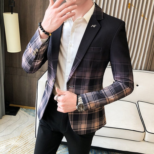 sanyamk Spring Men's Plaid Blazer Fashion Business Casual Men's Slim Suit Jacket Large Size Casual Banquet Wedding Party Club Dress