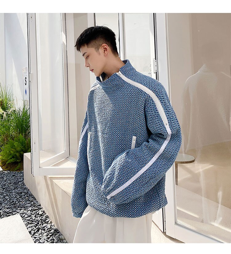 sanyamk Men Denim Stand Collar Double Zipper Loose Pullover Sweatshirt Jacket Man Trend Fashion Streetwear Oversize Sweatshirts Coat Top