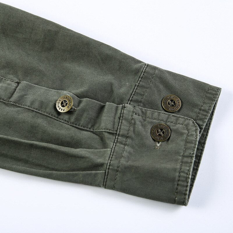 sanyamk Autumn Men Washing Shirts Military Style Casual Cargo Cotton Chic Pocket Tracksuit Simple Solid Color Long Sleeve Clothing