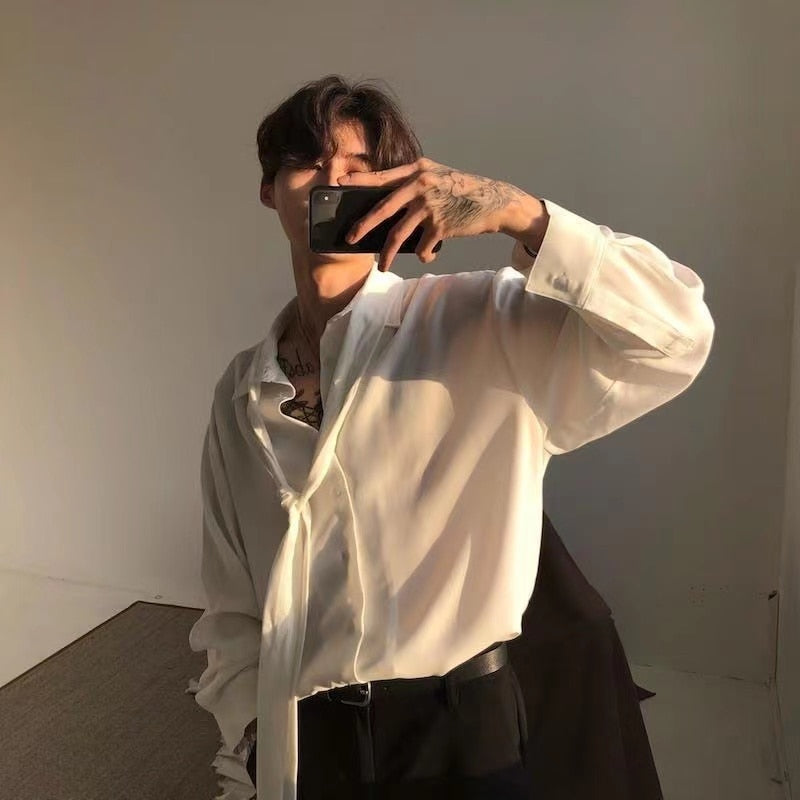 sanyamk Four Seasons Korean Men's Loose Retro Chiffon Fabric Bow Tie Shirt Men's Long Sleeve Nice Clothes Shirts White/black Color Coats