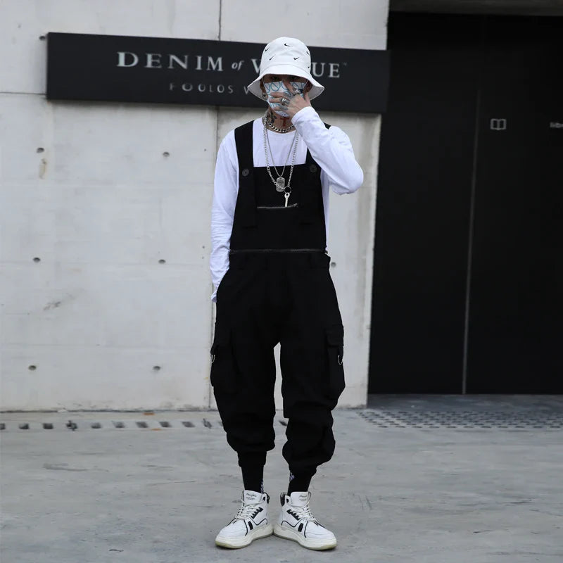 sanyamk - Autumn men's work clothes suspenders hair stylist dark functional casual pants teenagers loose Hip Hop Pants
