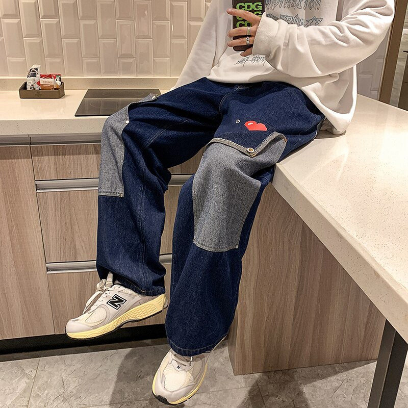 sanyamk Men Jeans Hip Hop Patchwork Oversized Straight Jean Pants Mens Red Heart Print jeans Top Quality Streetwear Denim Pants