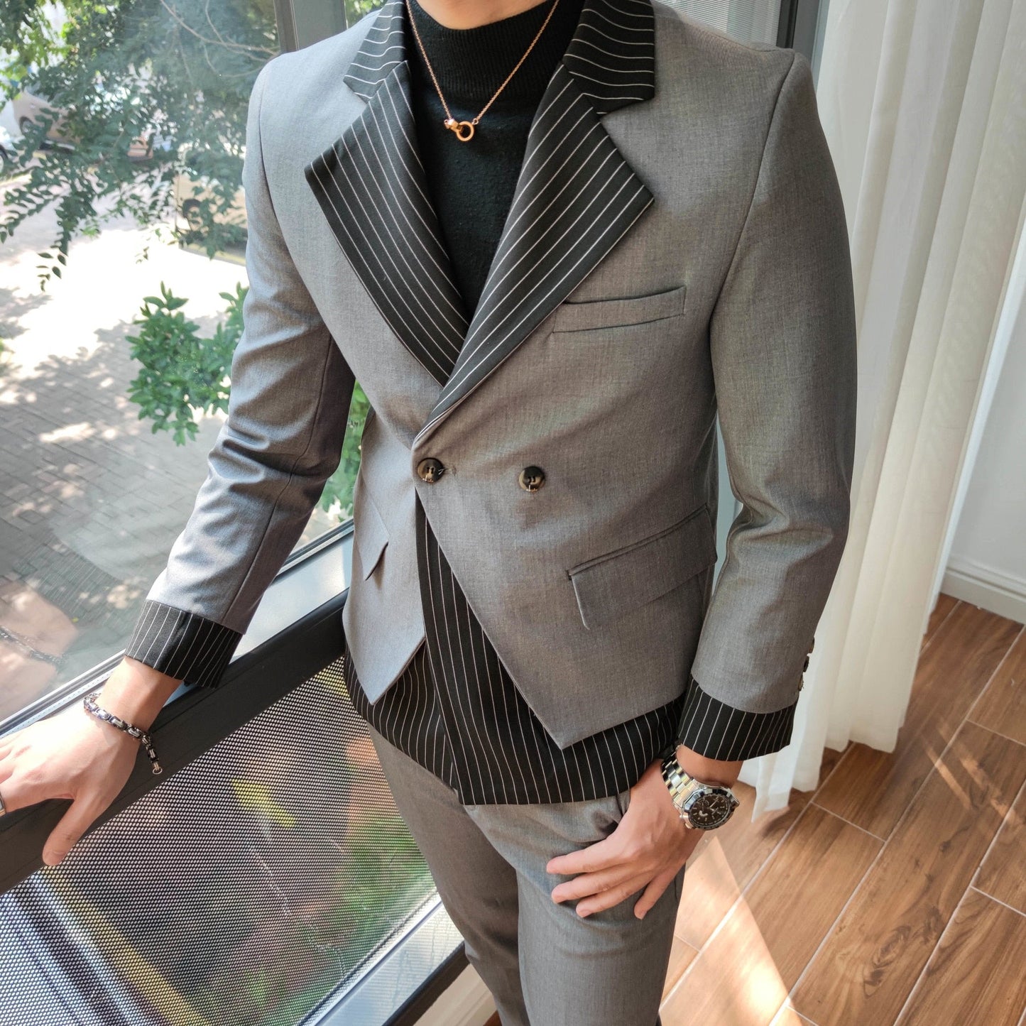 sanyamk Korean Patchwork Suit 2 Piece Suit Blazer Men Suit Set Slim Fit Tuxedo Suit Blazer Suit Men Stylish Blazer Stage Party Club