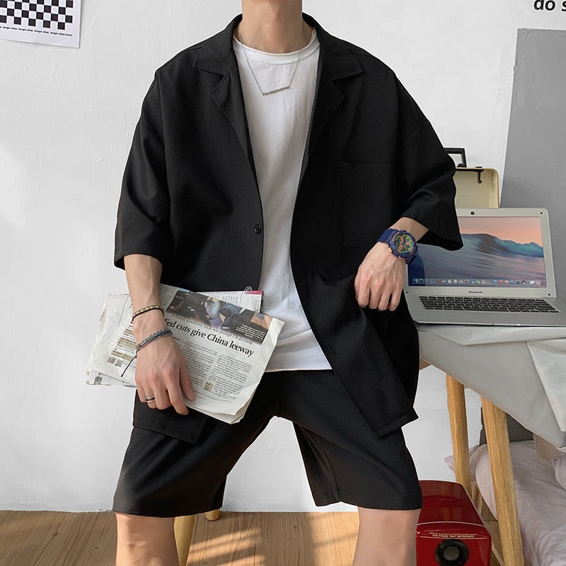 sanyamk Korean Style Men's Set Suit Jacket and Shorts Solid Thin Short Sleeve Top Matching Bottoms Summer Fashion Oversized Clothing Man