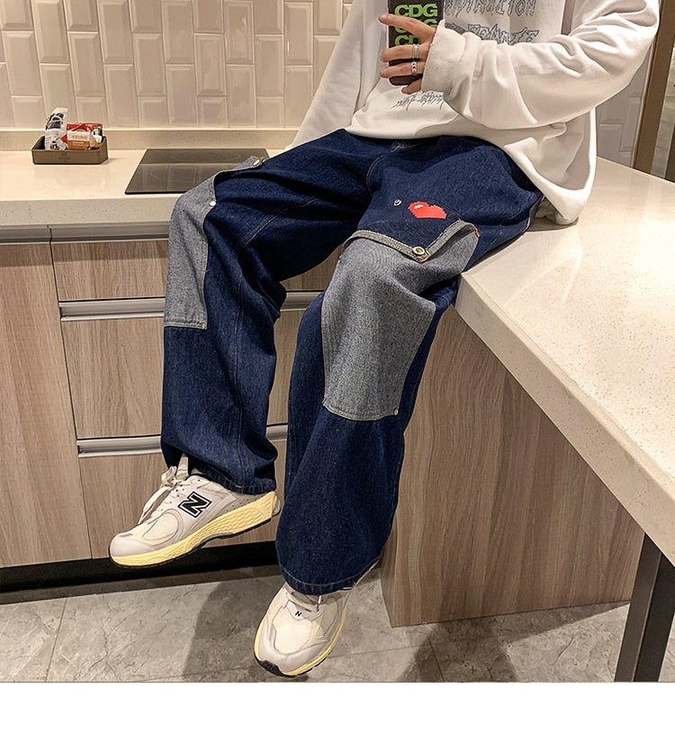 sanyamk Men Jeans Hip Hop Patchwork Oversized Straight Jean Pants Mens Red Heart Print jeans Top Quality Streetwear Denim Pants